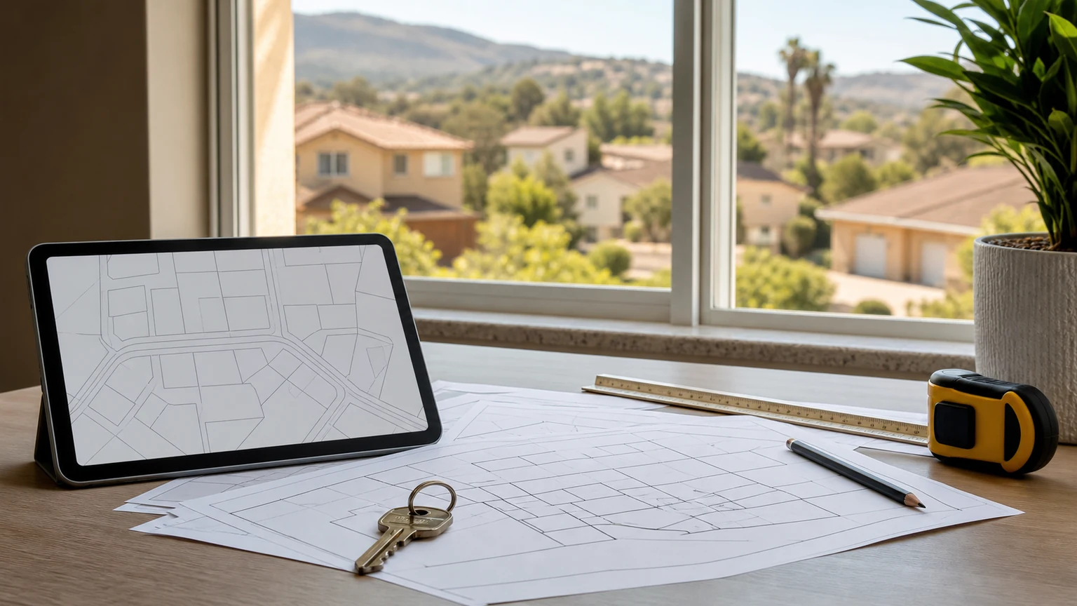 Unlabeled parcel map, plans, key, ruler, and measuring tape prepared for an El Cajon address check