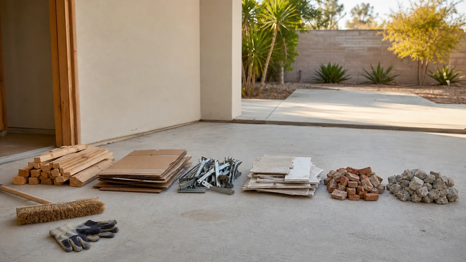 Construction materials separated into lumber, cardboard, metal, drywall, brick, and masonry groups