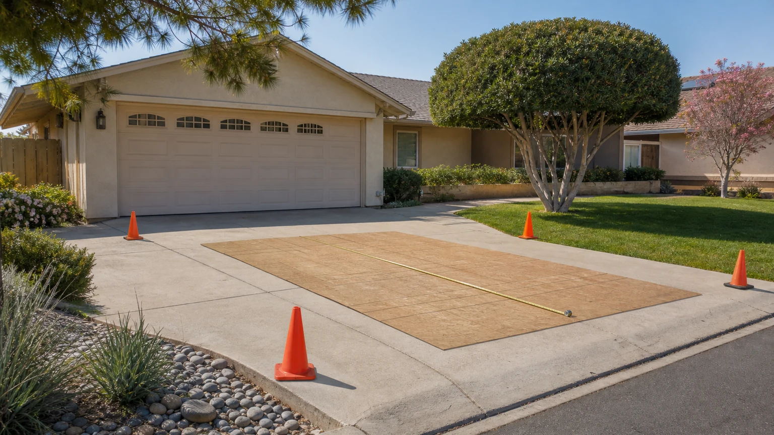 Protective boards, measuring tape, and cones marking an empty private driveway placement area