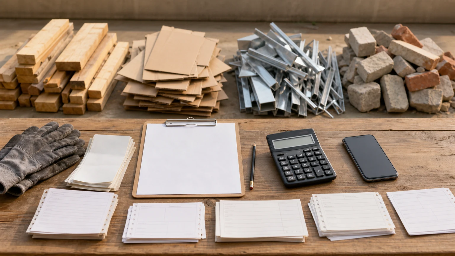 Blank project records, calculator, phone, and separated construction material samples for recycling closeout