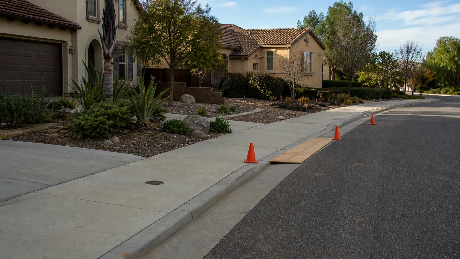 Cones and protective boards marking an empty curb-lane area while the sidewalk remains clear