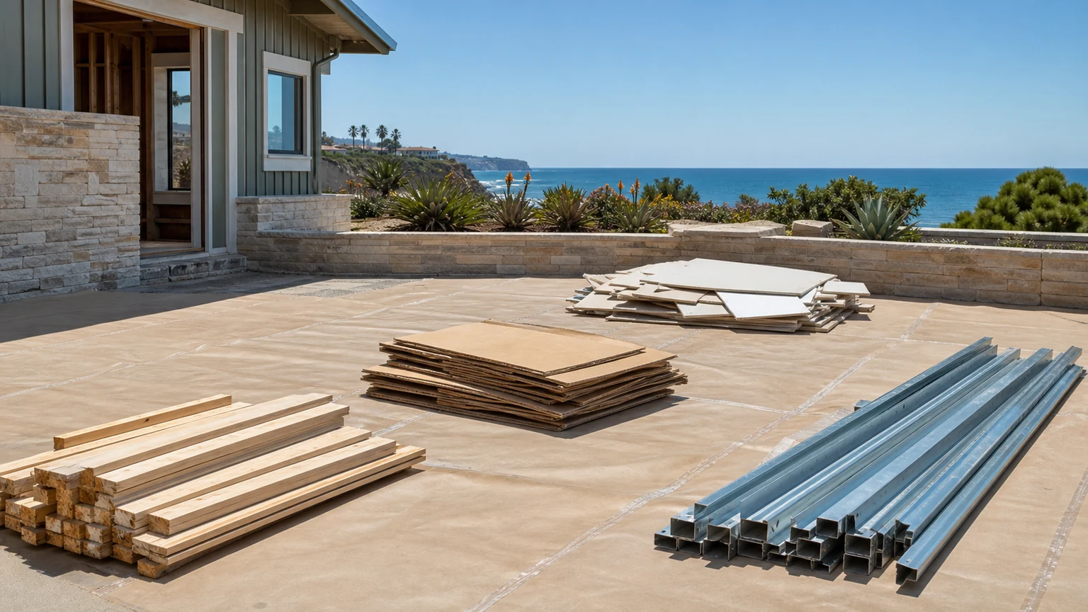Lumber, cardboard, metal, and gypsum separated for construction debris planning