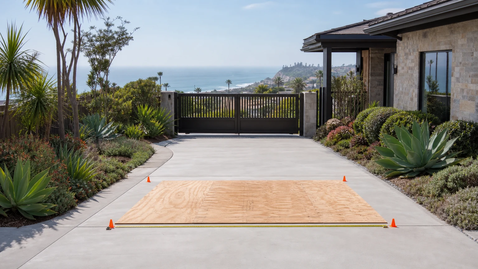 Protective boards, cones, and measuring tools marking a private driveway placement area