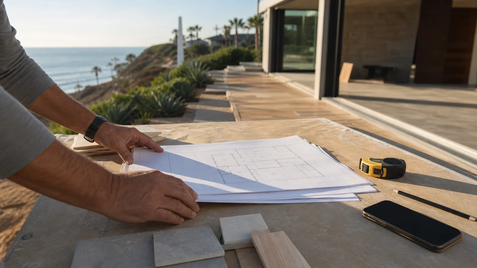 Project plans, material samples, measuring tools, and a calendar prepared for a dumpster request