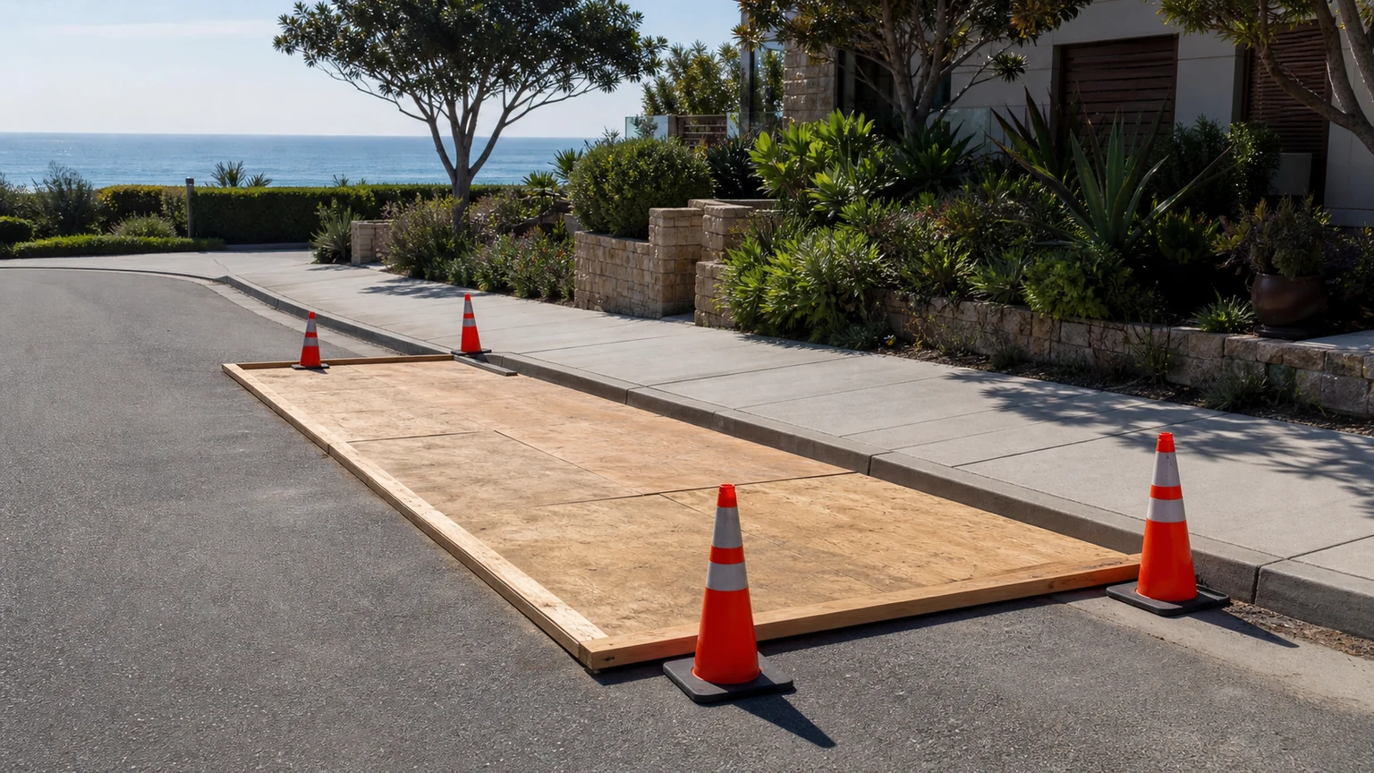 Cones and protective boards marking an empty curbside area while keeping the sidewalk clear