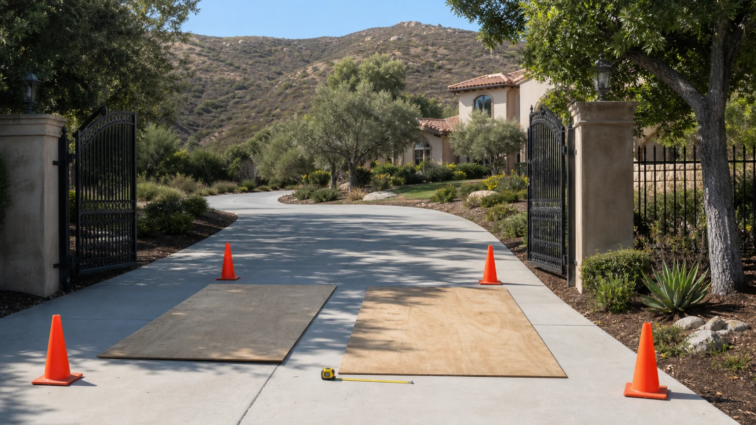 Protective boards, cones, and measuring tools marking a private driveway set-down area