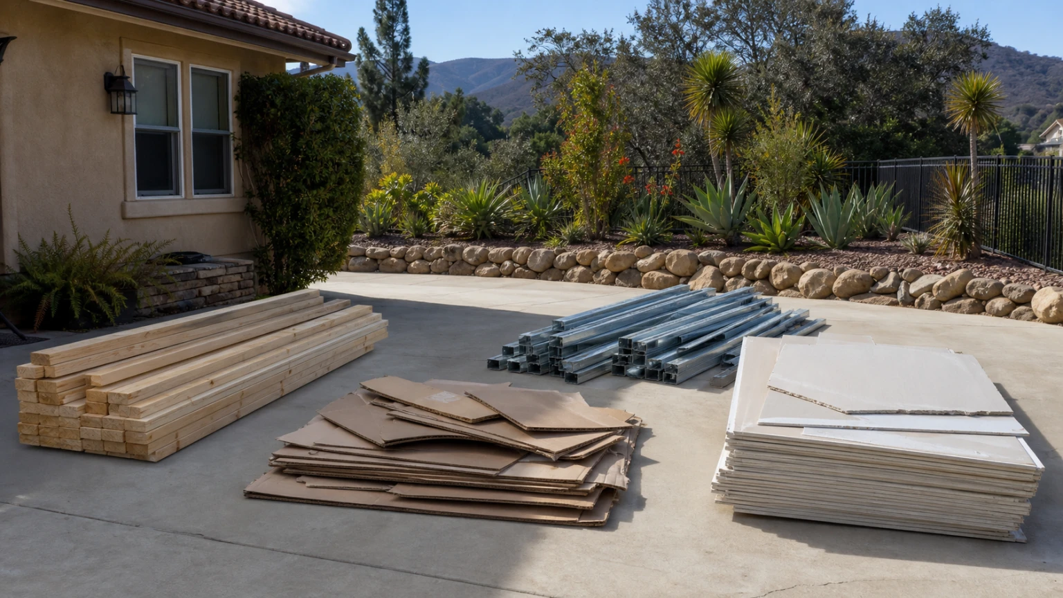 Lumber, cardboard, metal, and gypsum separated into distinct project-debris groups