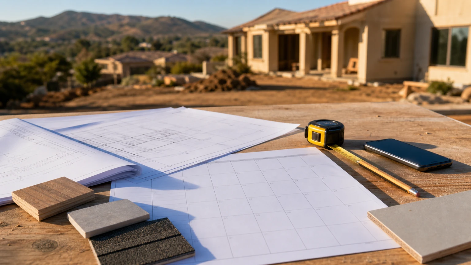 Project plans, material samples, measuring tools, and a calendar organized for a dumpster request