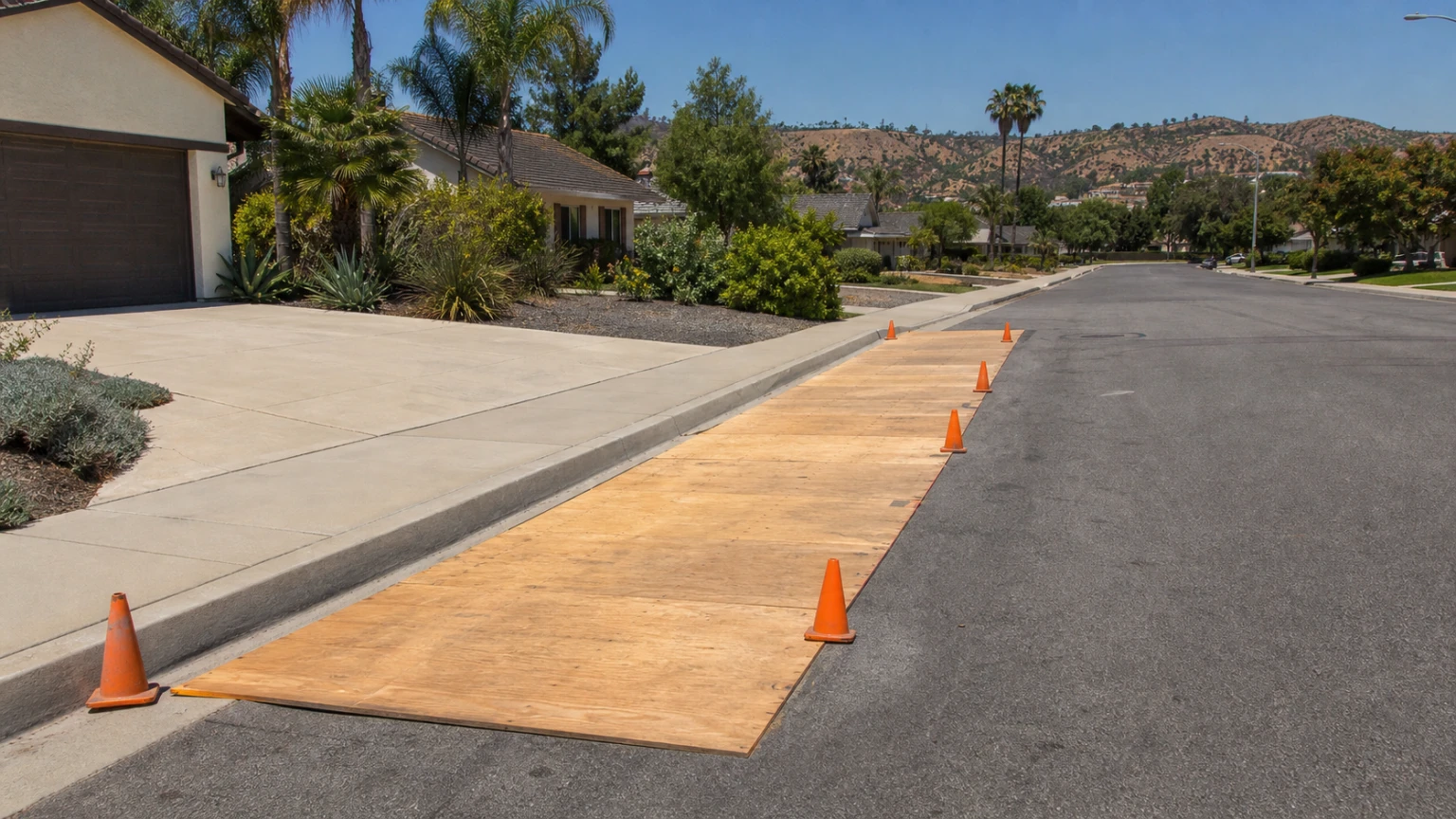 Cones and protective boards marking an empty curbside area while leaving the sidewalk open