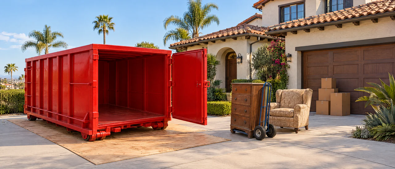 Red roll-off with its rear door open beside furniture and a hand truck