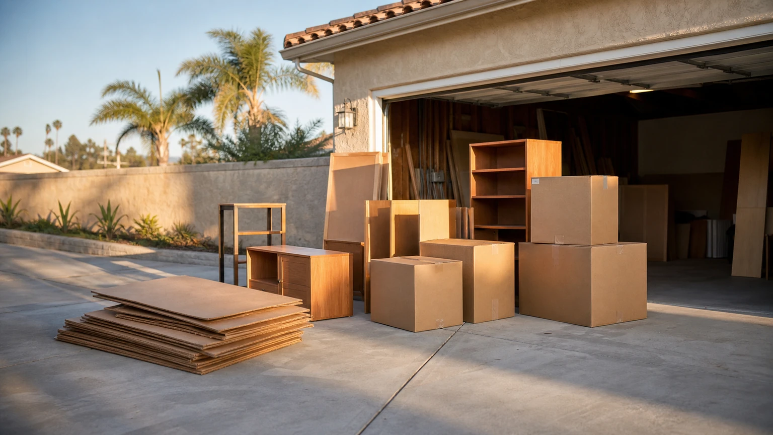 Furniture, shelving, flattened cardboard, and plain boxes organized for an Imperial Beach property cleanout