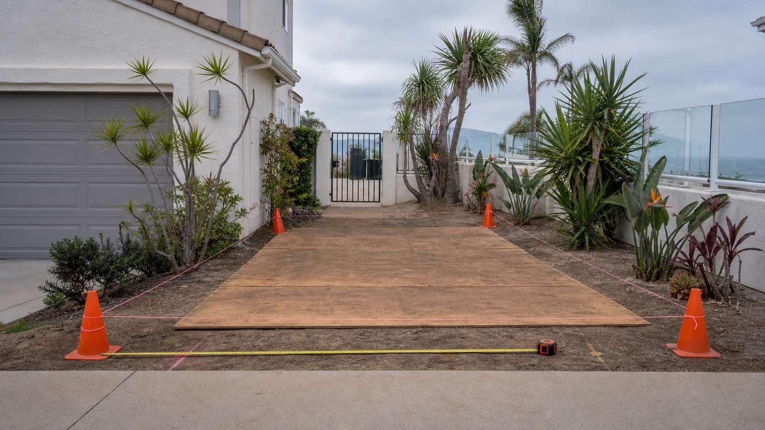 Tape measure and cones marking a private driveway placement area with a clear gate approach