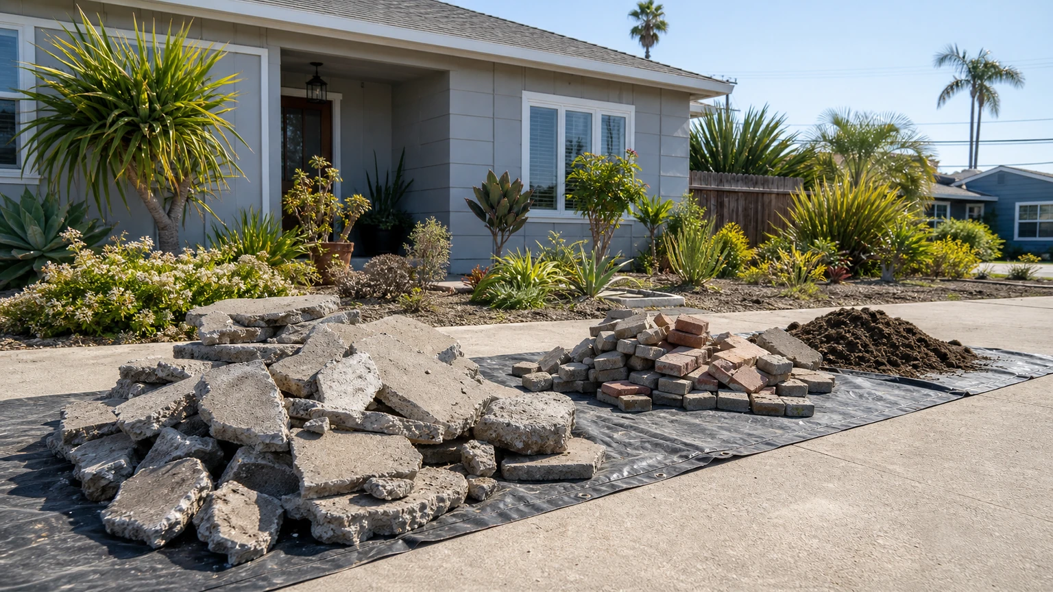 Concrete, pavers, brick, and soil separated into clean heavy-material groups on protective tarps