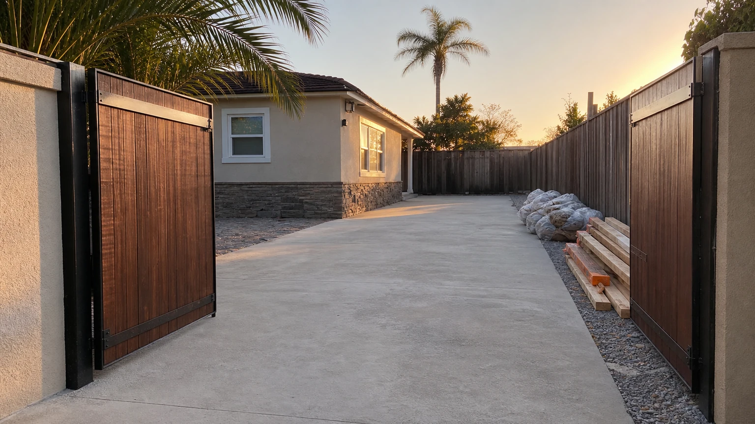 Open driveway gates and a clear pickup lane with bundled project material kept to one side