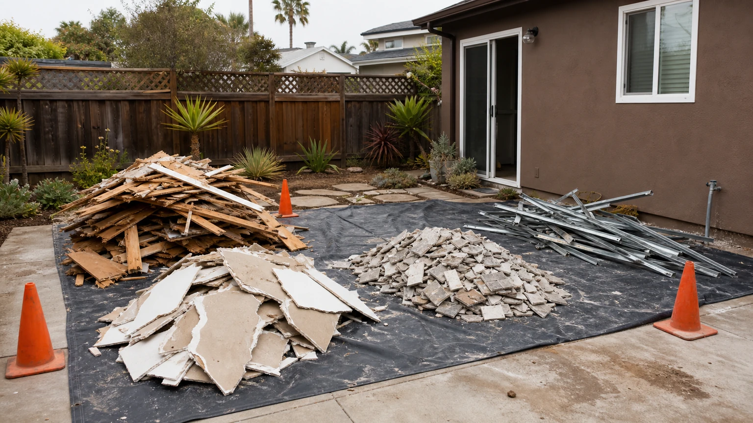 Wood, drywall, masonry, and metal separated on tarps during a small coastal home remodel