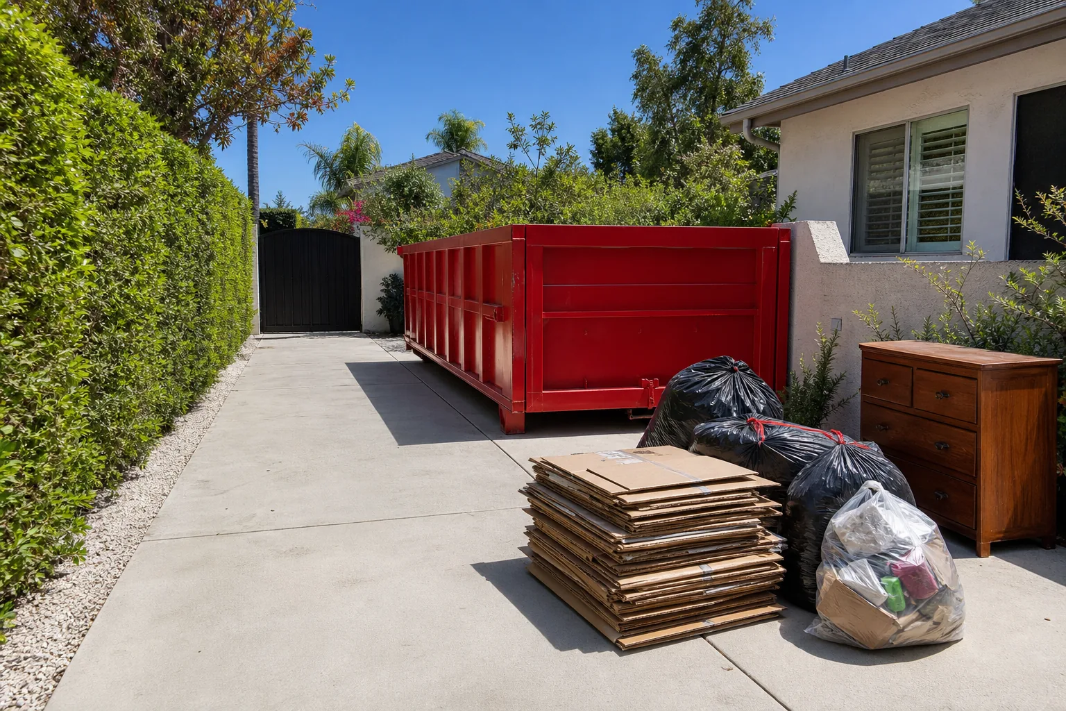 Red roll-off dumpster with cleanup material staged beside a clear access and loading lane