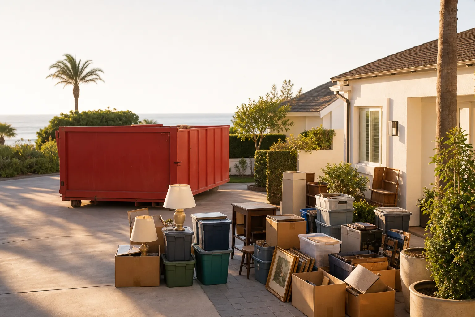 Red roll-off dumpster beside estate and storage cleanout items including boxes bins lamps and small furniture
