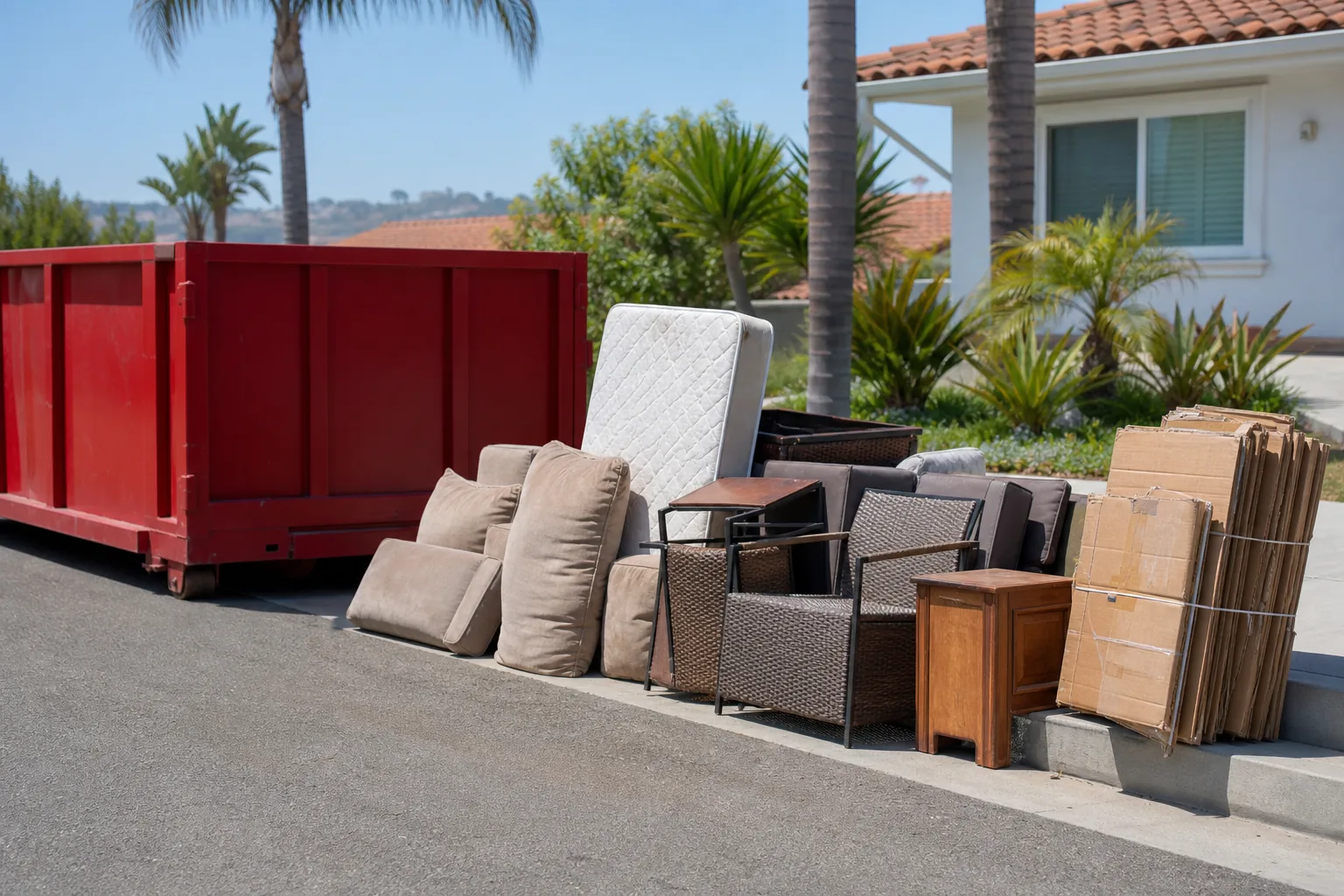 Red roll-off dumpster near staged furniture mattresses cardboard and bulky household items