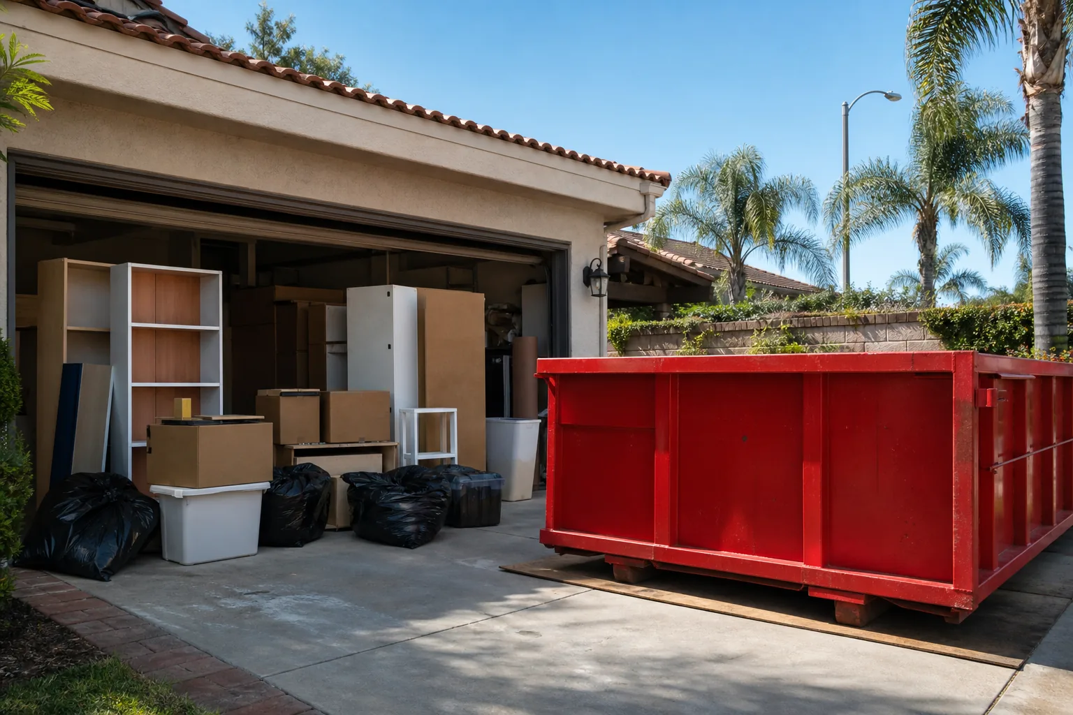Red roll-off dumpster beside a complete organized household cleanup pile for disposal-scope planning