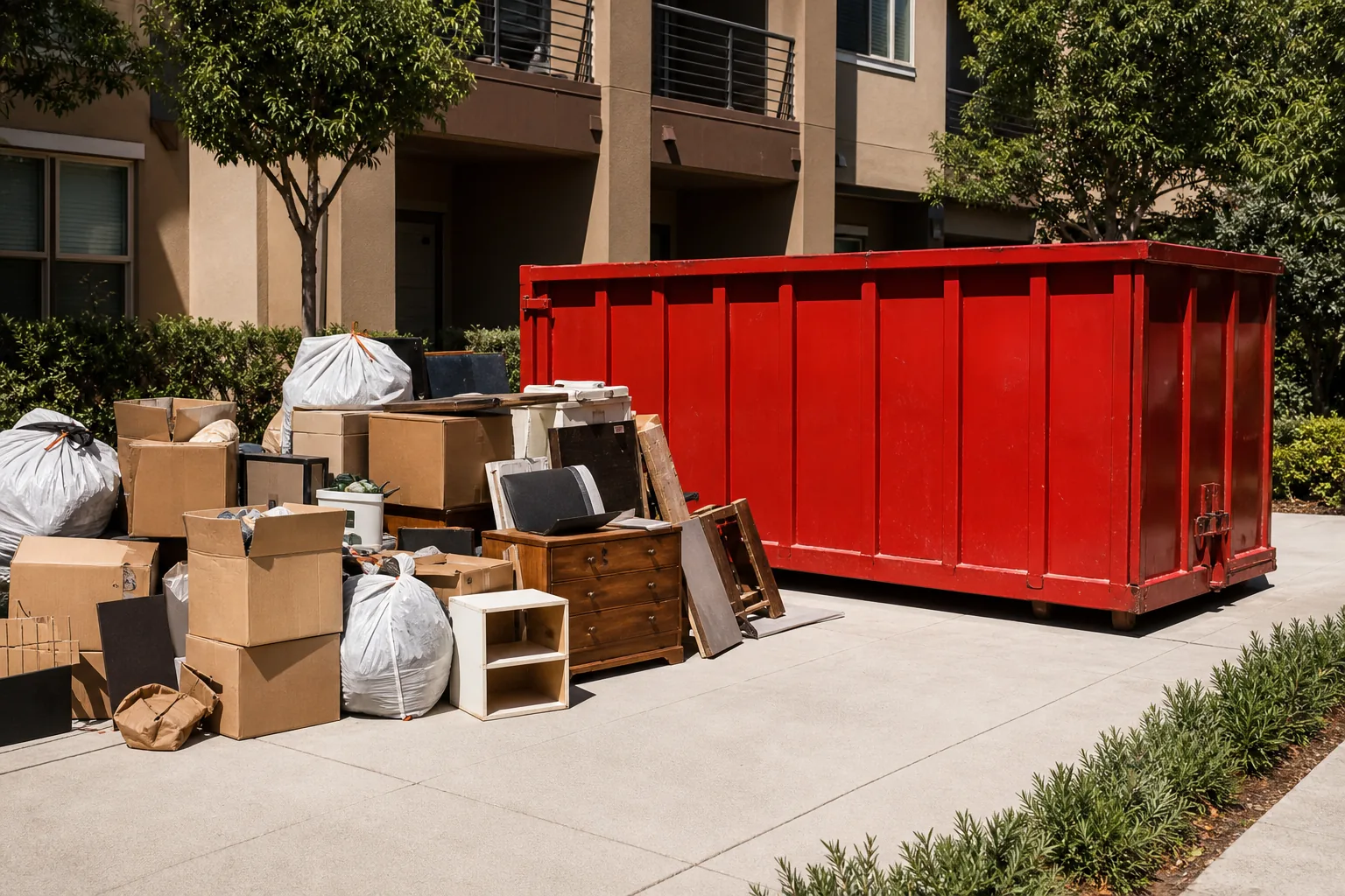 Red roll-off dumpster beside move-out cleanup items including boxes bags and small household furniture