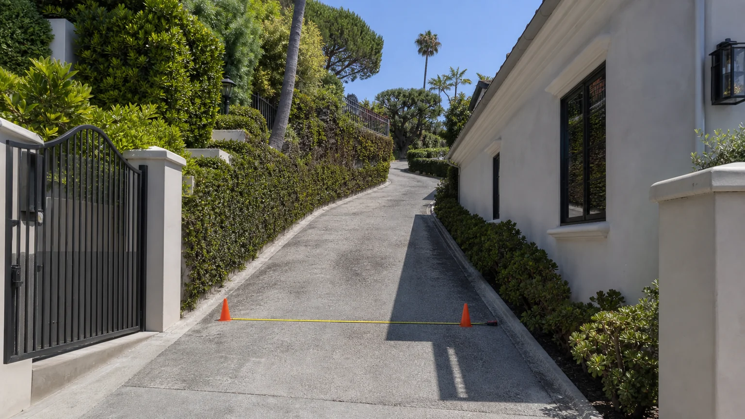 Tape measure and cones marking the width of a narrow sloped private driveway approach