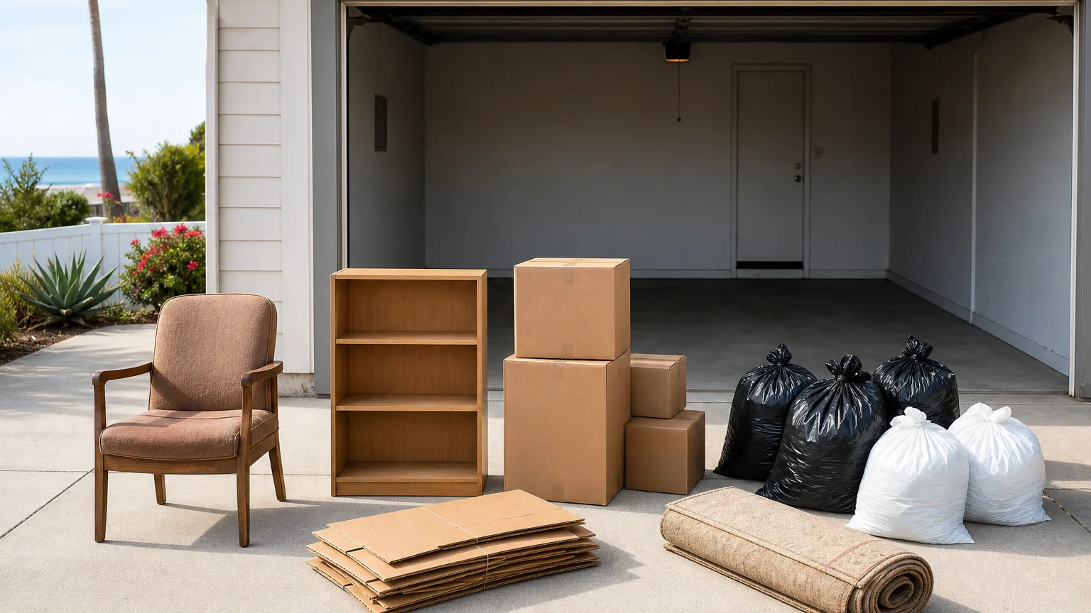Chair, shelving, plain boxes, flattened cardboard, bags, and a rolled rug organized for a La Jolla cleanout