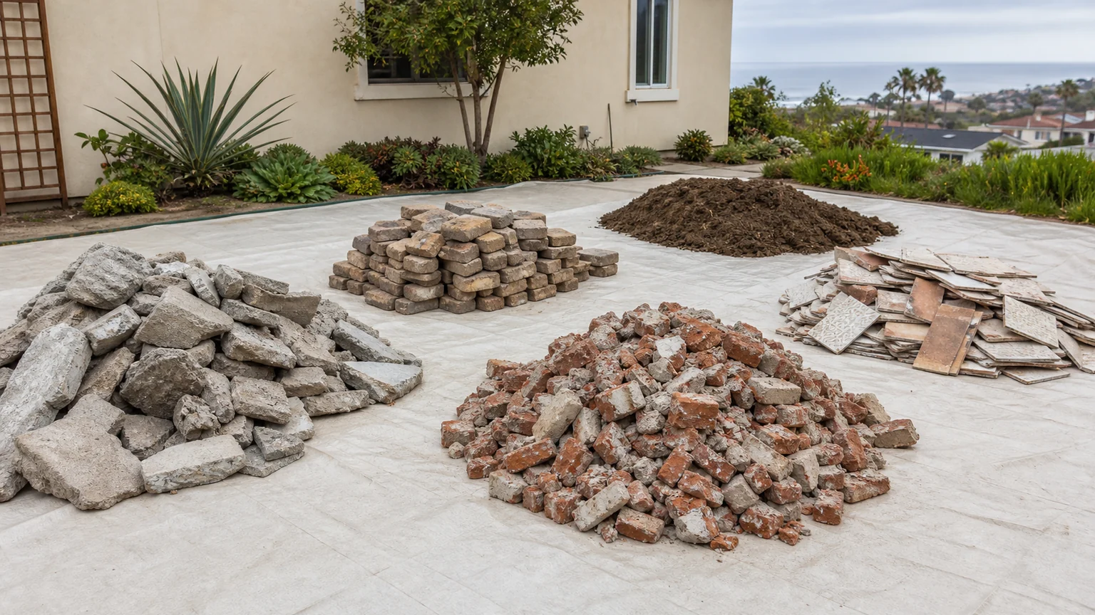 Concrete, brick, pavers, tile, and soil separated into distinct heavy-material piles