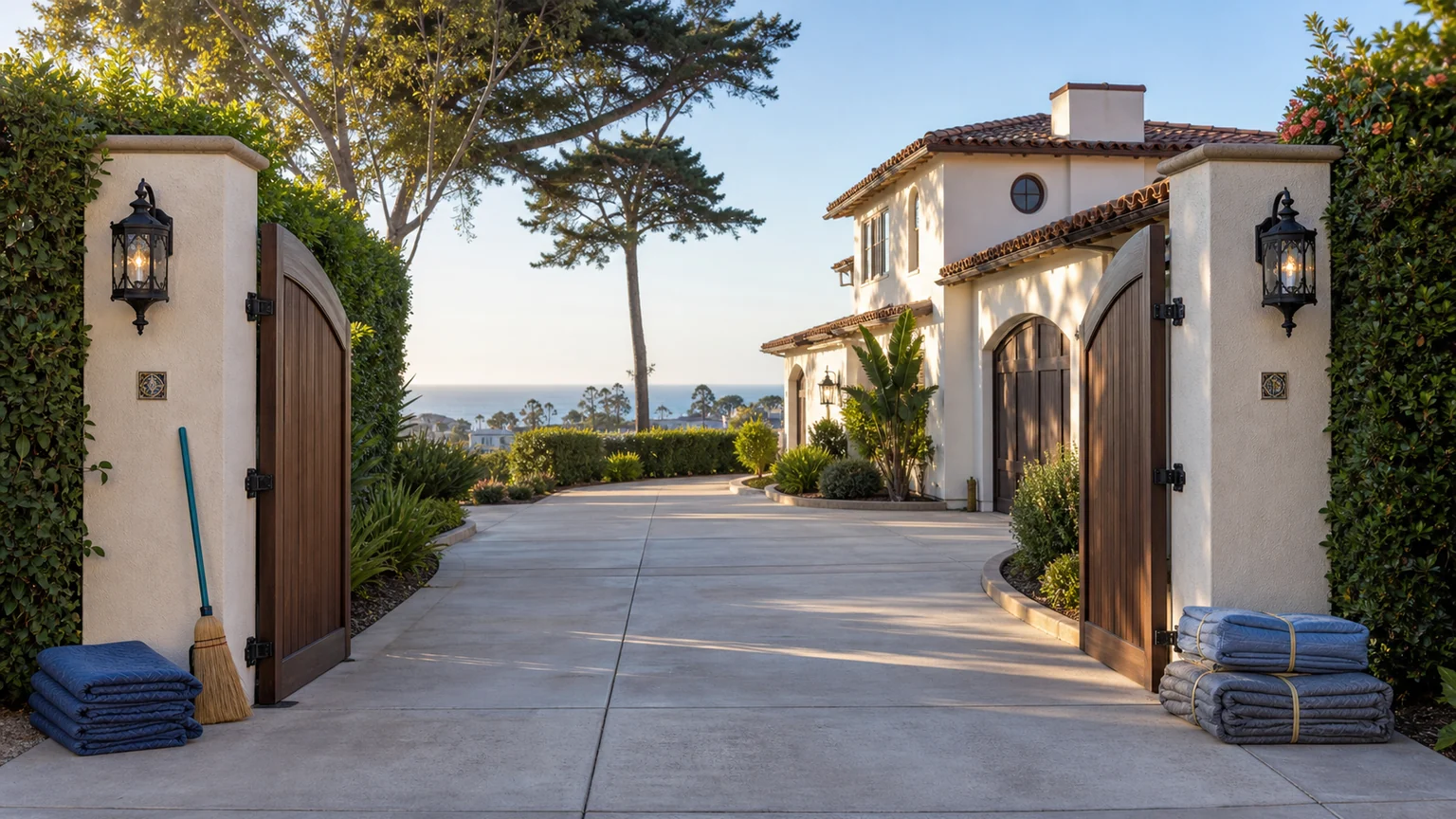 Open gates and a clear private driveway prepared as a pickup lane