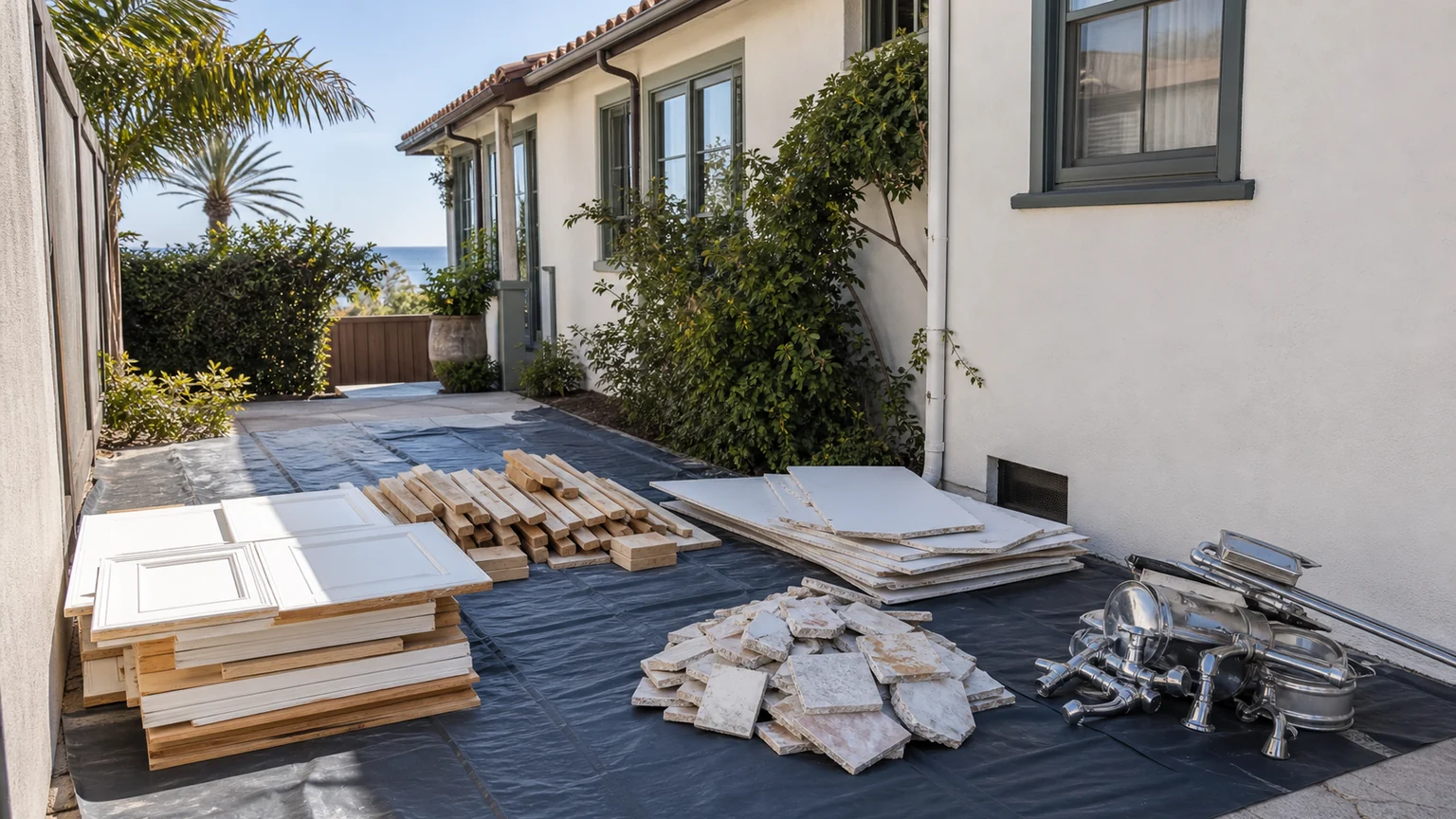 Cabinet panels, lumber, drywall, tile, and fixtures separated on a protective tarp beside a La Jolla home