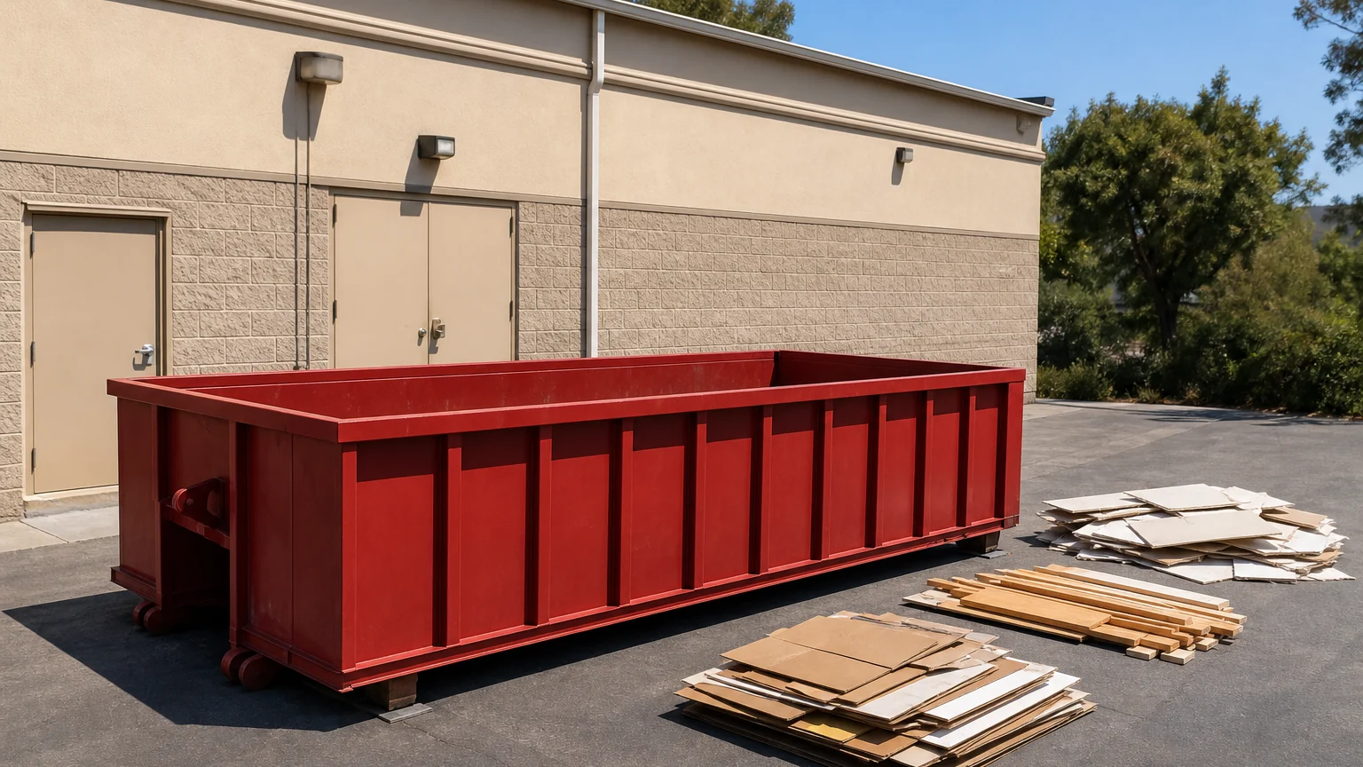 Empty red roll-off dumpster in a commercial service area with flattened cardboard and wood trim staged nearby
