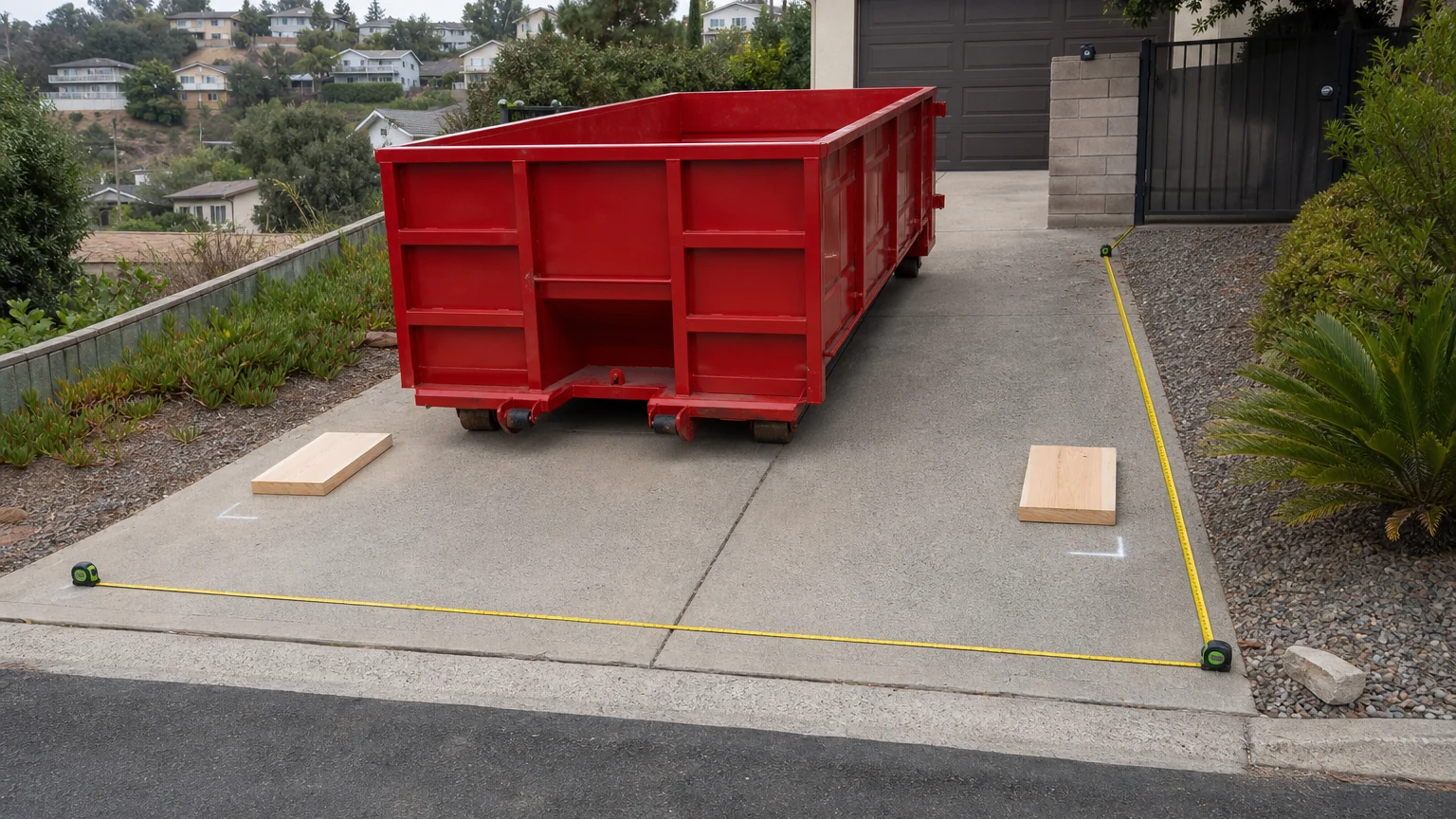 Red roll-off dumpster on a sloped private driveway with a measured placement footprint and protection boards