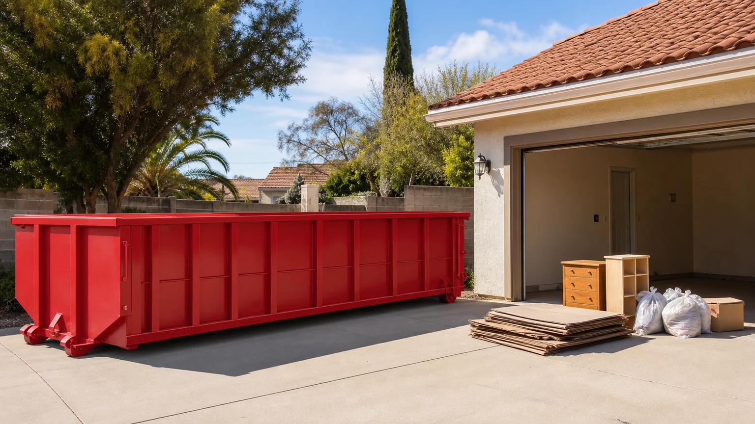 Empty red roll-off dumpster beside a La Mesa garage with cardboard, furniture, and bagged items staged separately