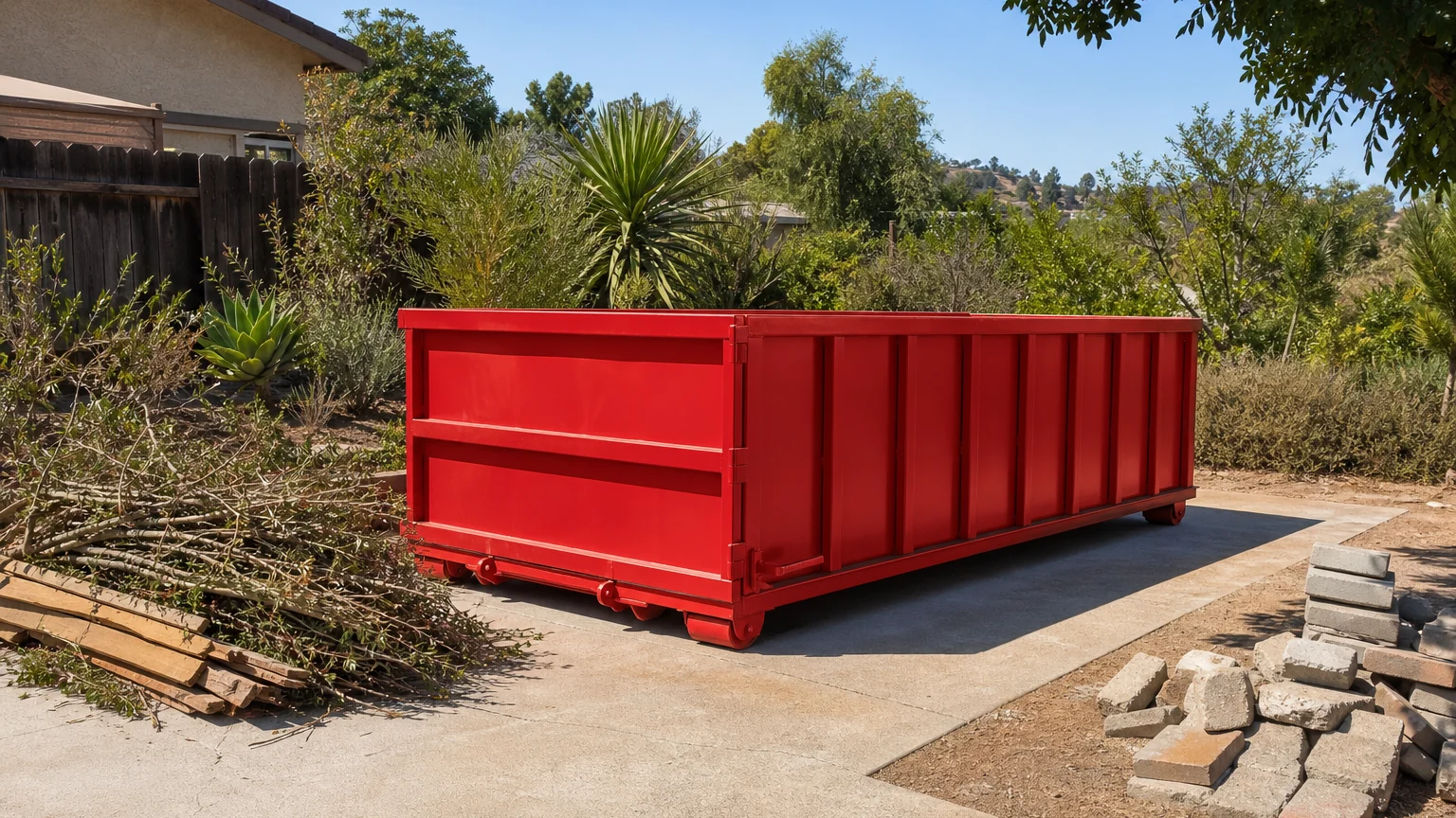 Empty red roll-off dumpster with branches, fence boards, pavers, and concrete separated into material groups
