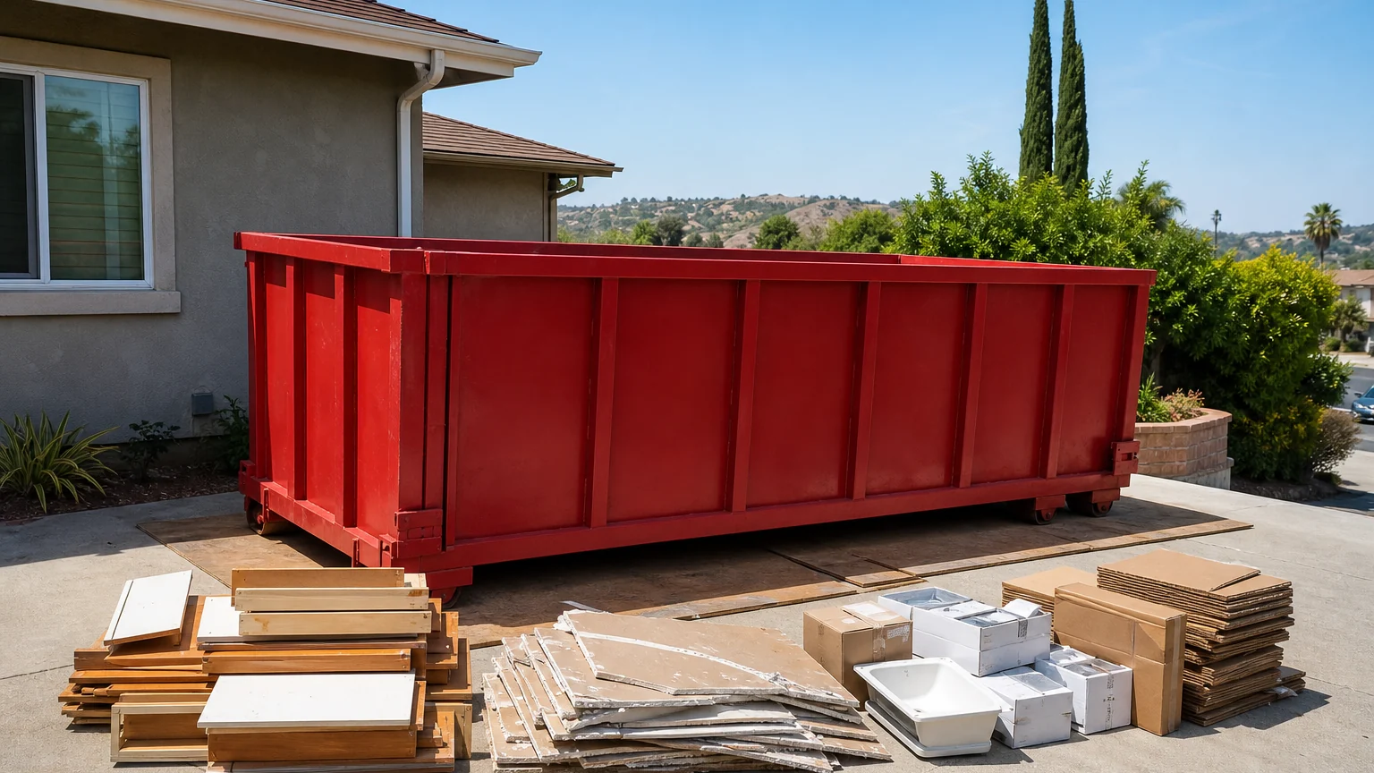 Empty red roll-off dumpster beside separate stacks of cabinets, drywall, fixtures, and remodel debris