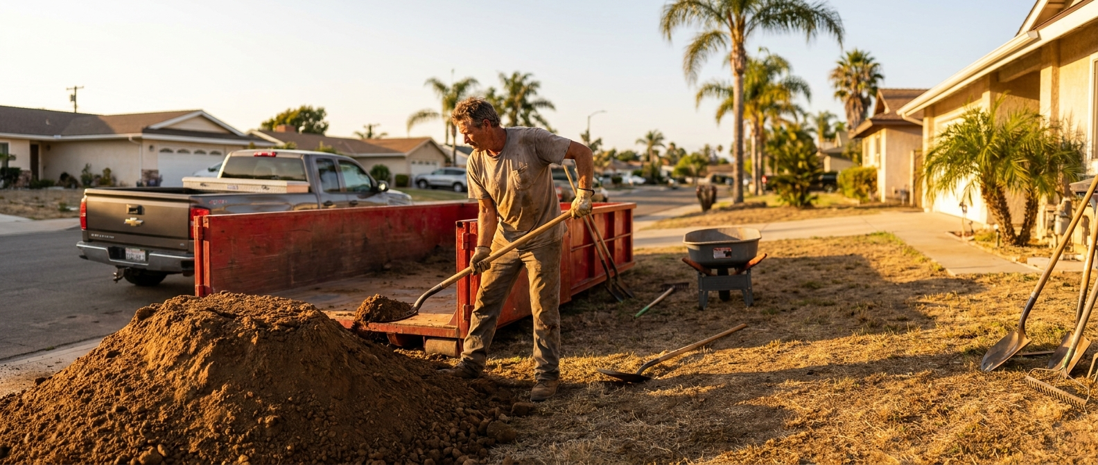 Landscaper shoveling clean dirt into a Haul'n Off lowboy dumpster on a San Diego jobsite