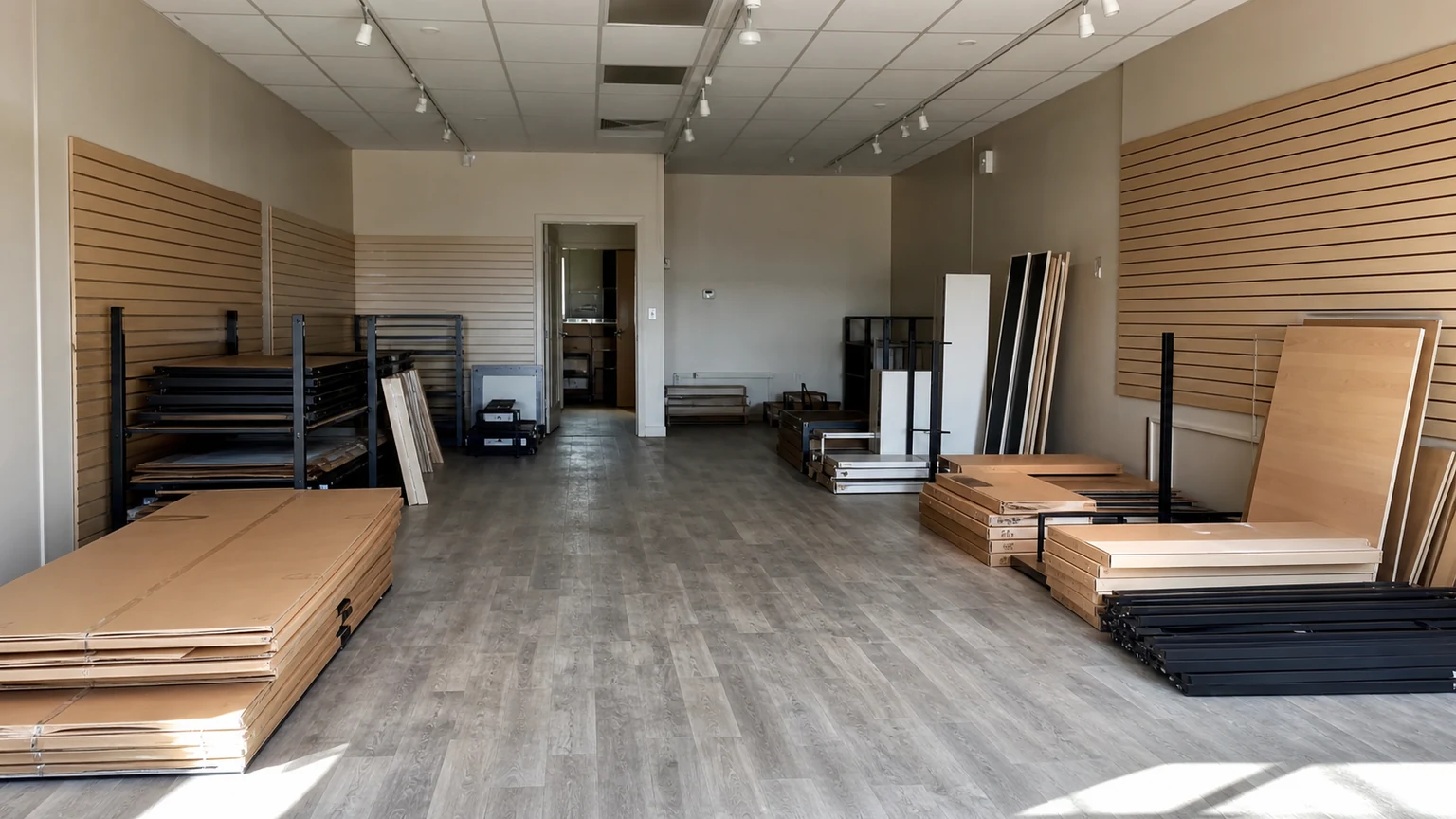 Commercial tenant-turnover materials separated into shelving, flattened cardboard, fixtures, and wood panels around a clear removal path