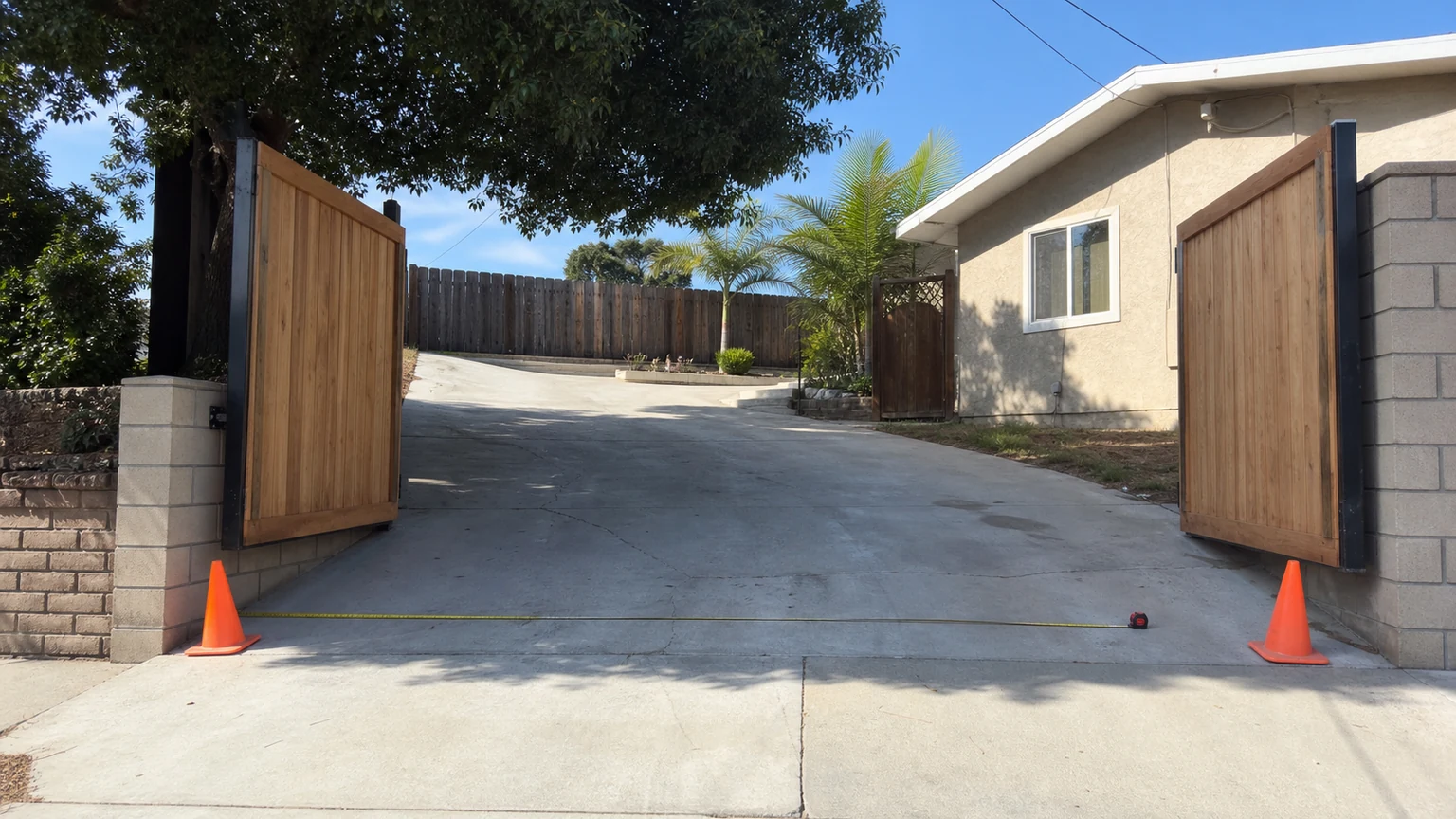 Open private driveway gate measured between safety cones with slope, tree canopy, and overhead clearance visible