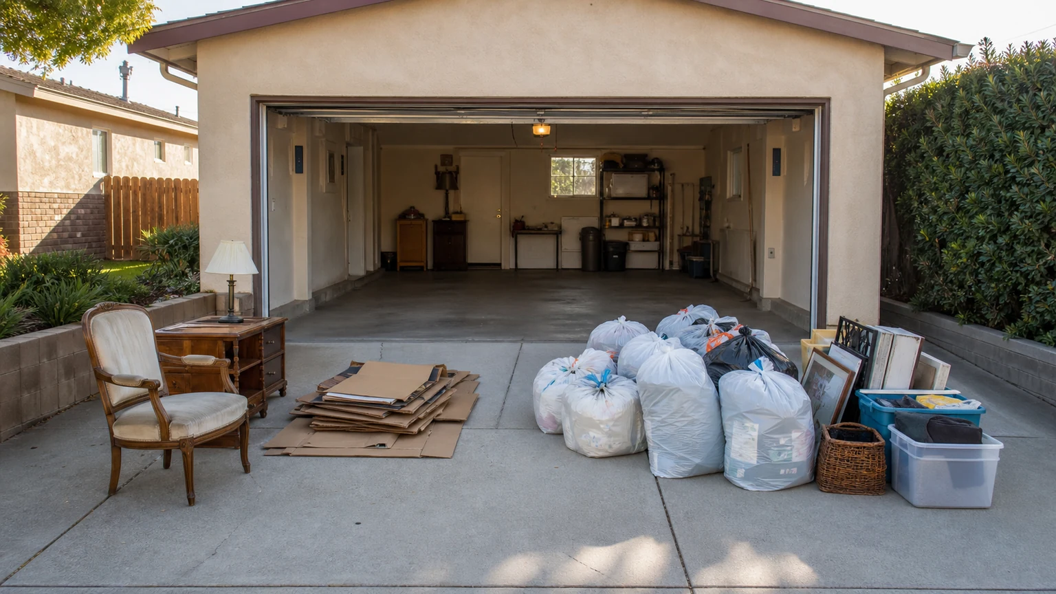 Garage cleanout items separated into furniture, flattened cardboard, bags, and reusable pieces beside a clear driveway path