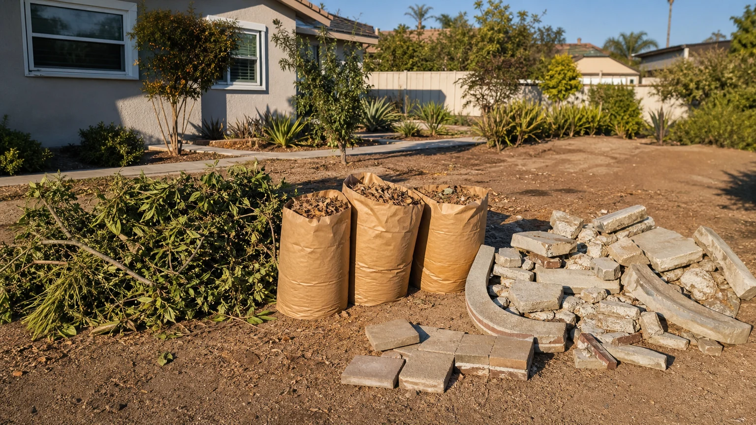 Lemon Grove landscape project with branches, bagged leaves, pavers, and broken concrete separated into material groups
