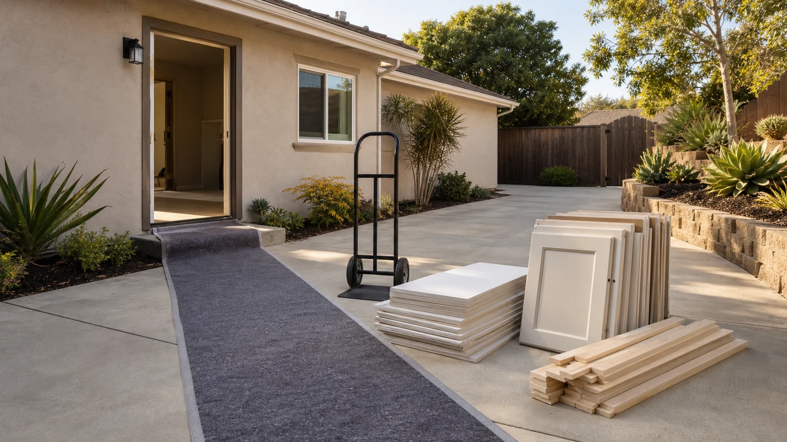 Protected remodel carry path leading from a doorway to low stacks of drywall, cabinet doors, and wood trim
