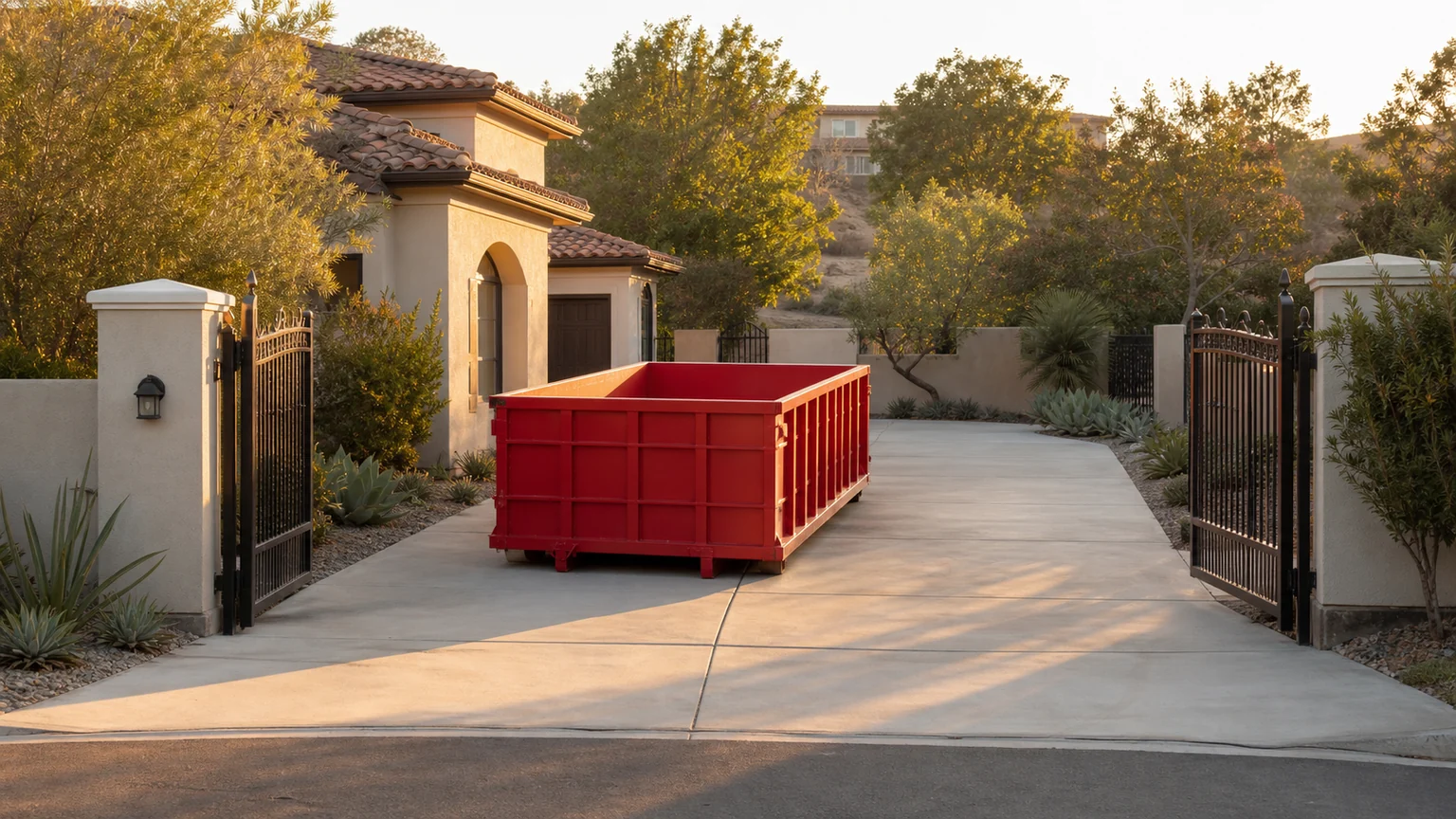 Empty red roll-off dumpster inside open gates on a clean, clear driveway