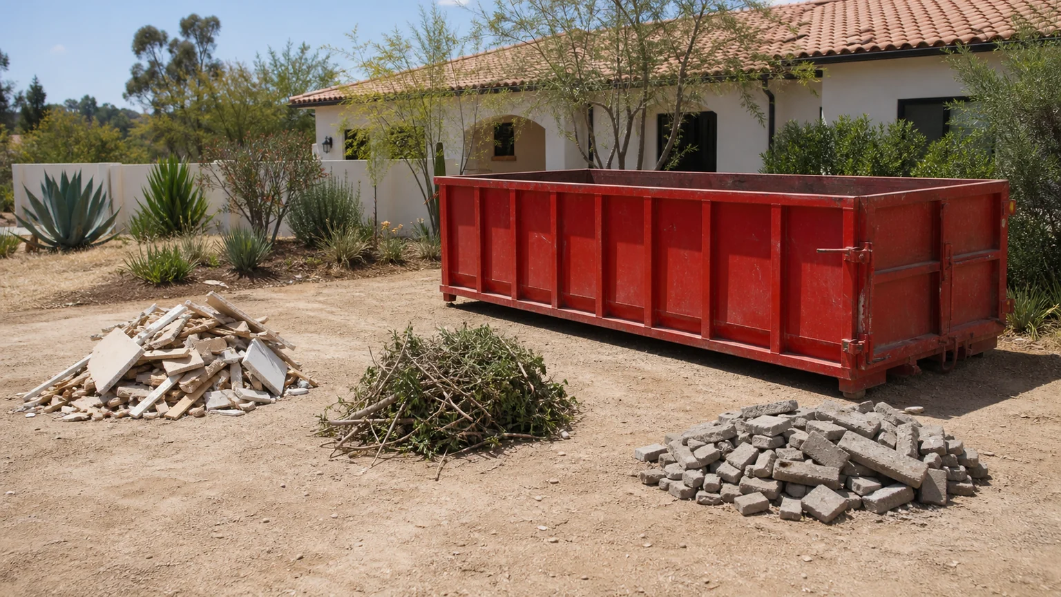 Remodel debris, branches, and pavers sorted beside an empty red roll-off dumpster