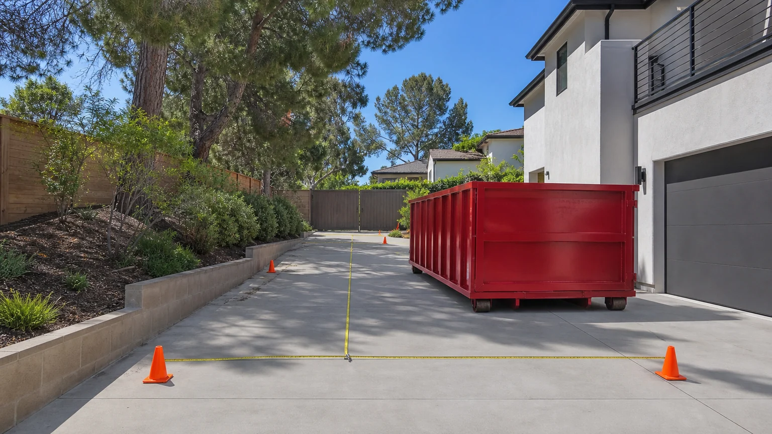 Driveway measured with a tape and cones beside an empty red roll-off dumpster