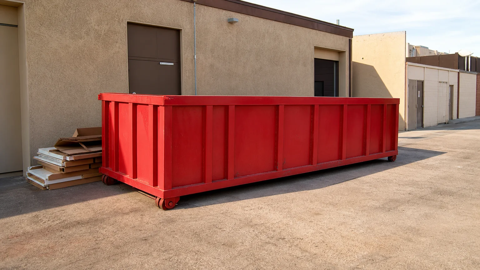 Red roll-off dumpster in a clear private service lane