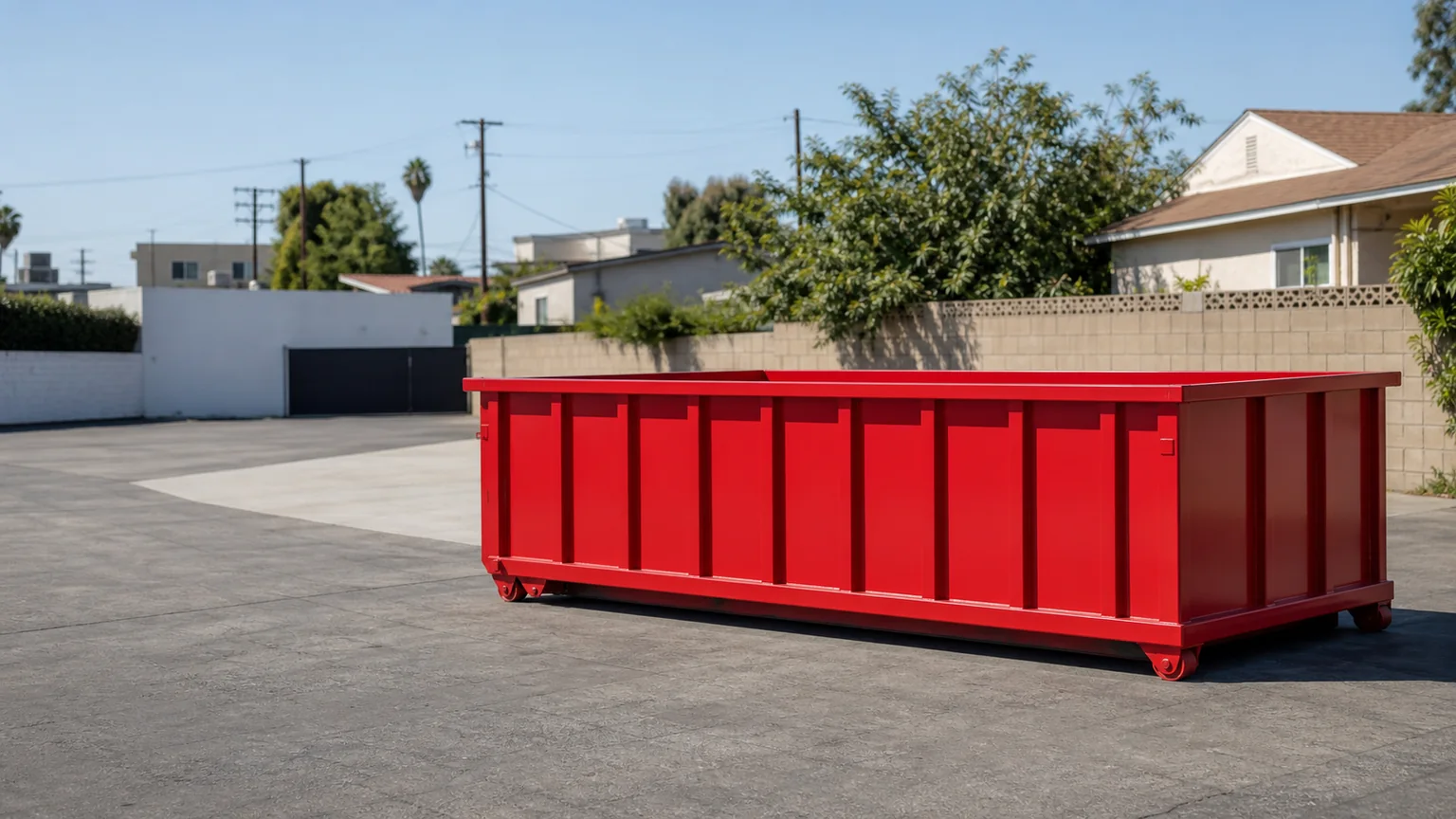Red roll-off dumpster on a clear private driveway