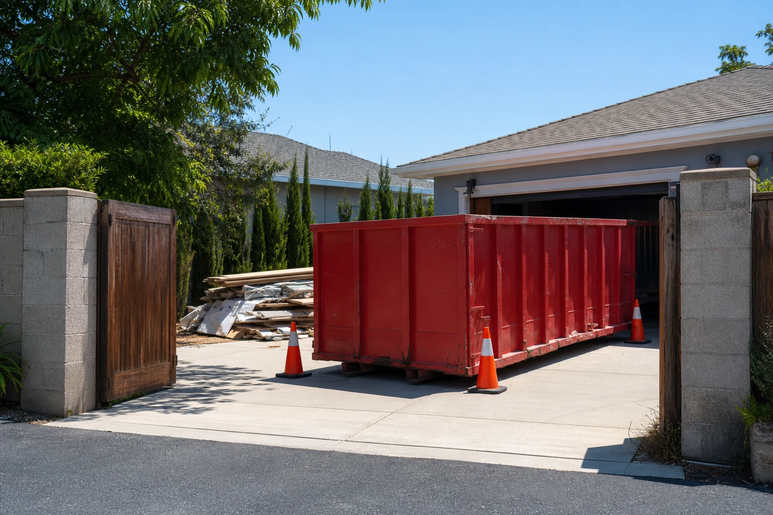 Red roll-off dumpster placed in a clear driveway approach with staged debris and safe loading access