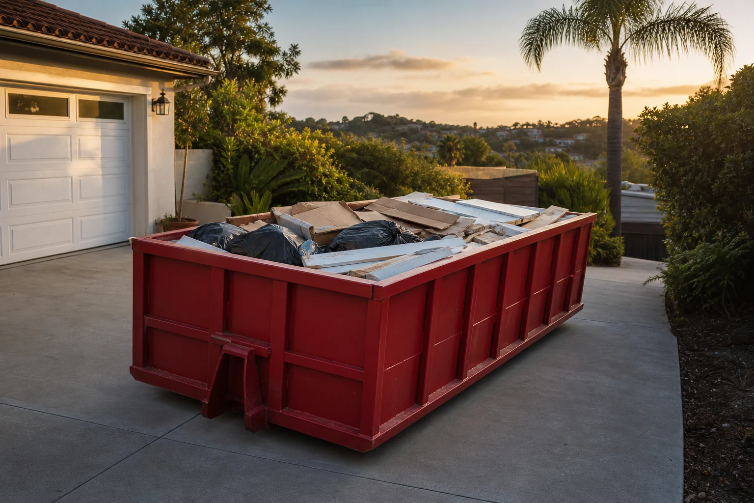 Red roll-off dumpster filled level with household cleanout bags cardboard and light remodel debris for pickup