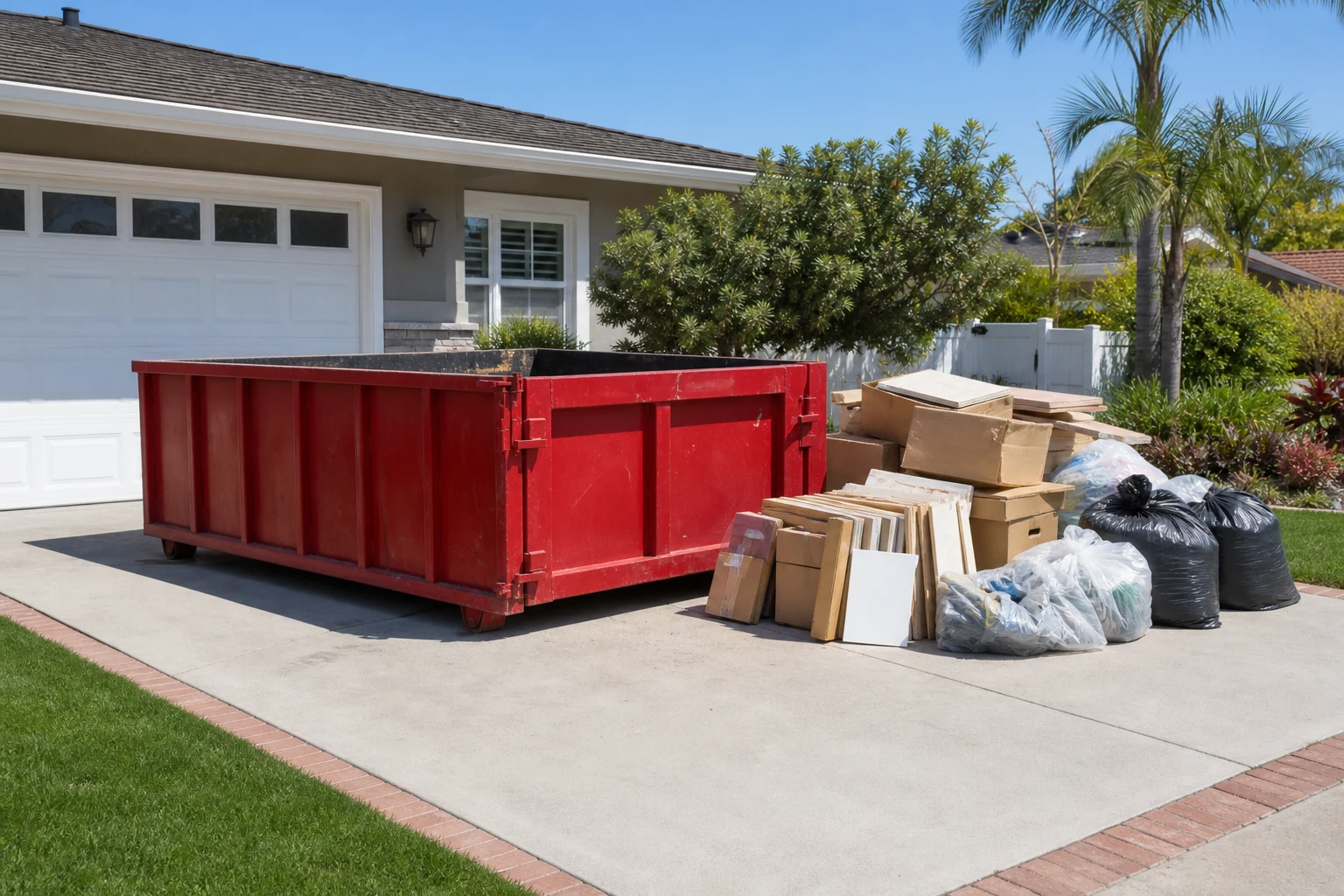 Red roll-off dumpster in a driveway beside staged boxes bags and light cleanout debris for a one-day rental