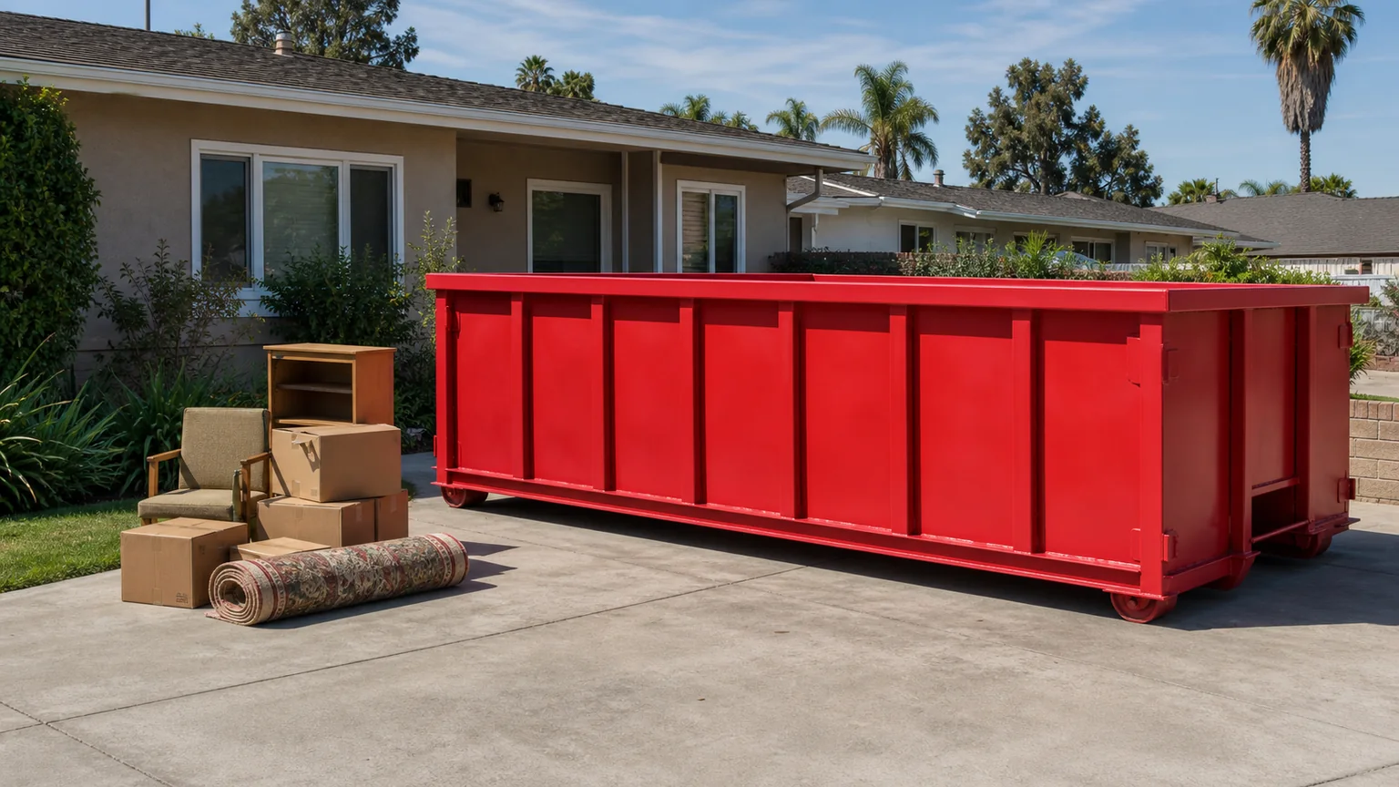 Furniture, boxes, and a rug counted beside a plain red roll-off dumpster