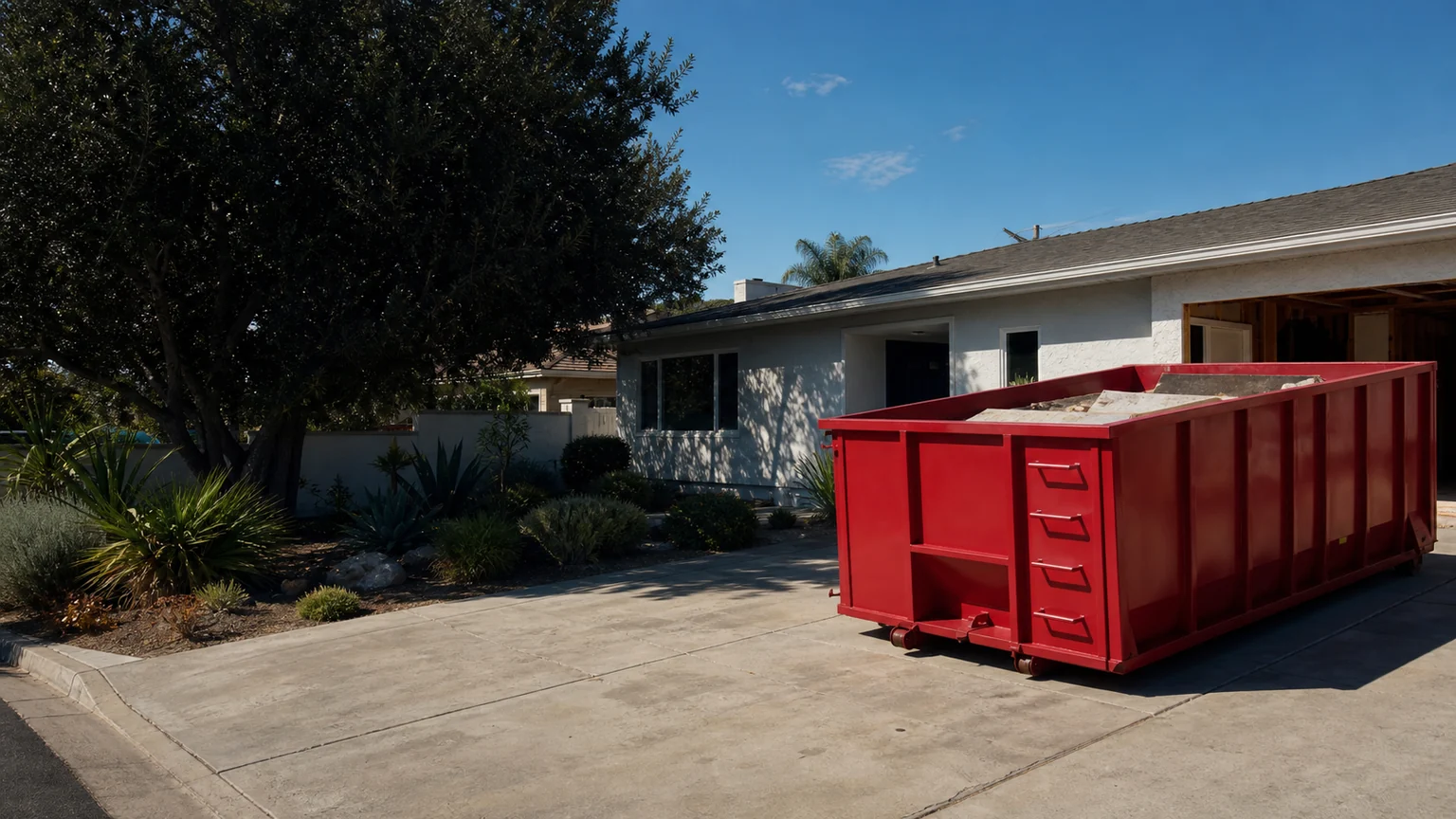 Plain red roll-off dumpster on a clear private driveway